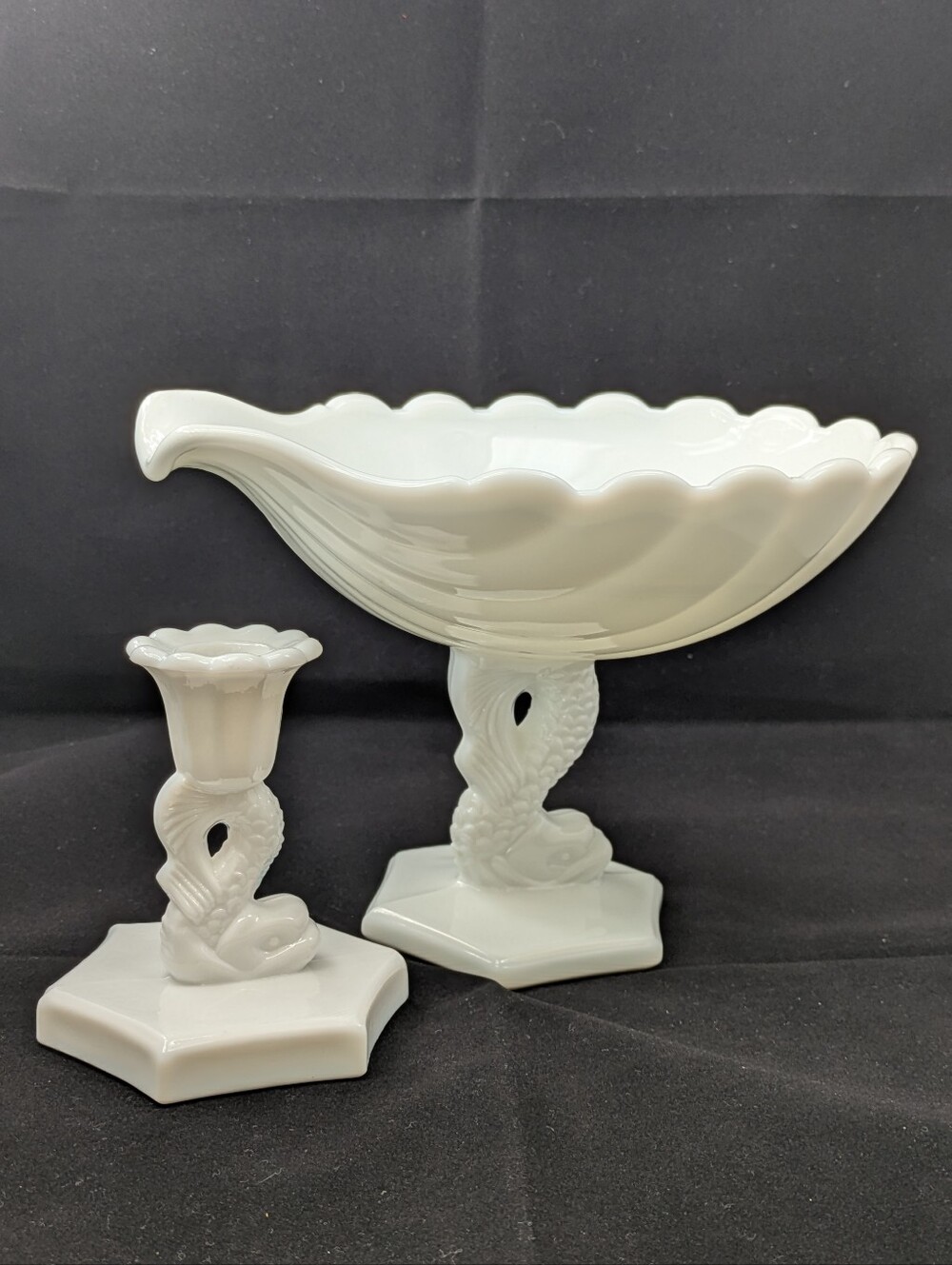 Vintage Westmoreland Koi Fish Shell Compote Bowl & Candle Holder Milk Glass